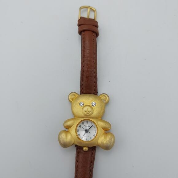 Ronica Teddy Bear Gold Tone Watch with Rhinestone Eyes and MOP Dial - Picture 2 of 8